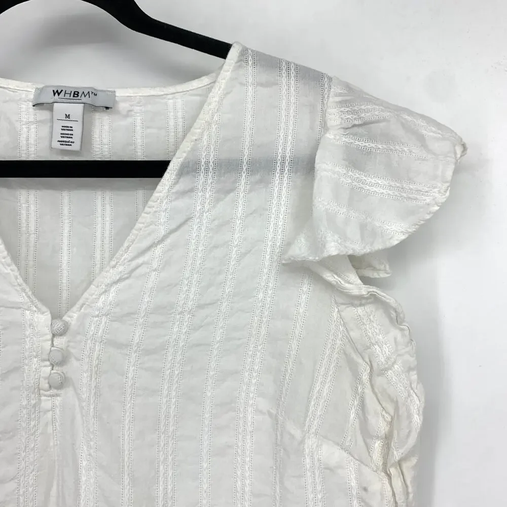 White House Black Market Flutter Sleeve V-Neck Blouse Womens Sz M White Stripe